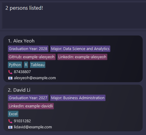 Results after typing `find alex david`