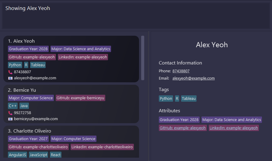 Results after typing `show 1`